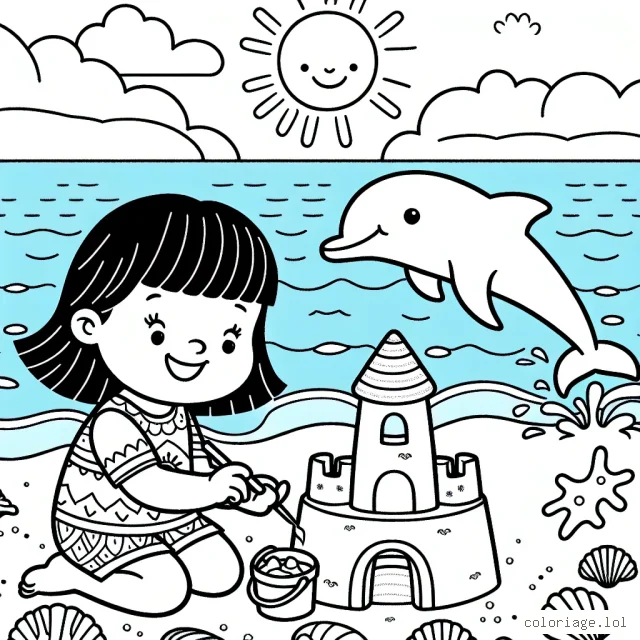 Une plage merveilleuse avec une petite fille construisant un château de sable garni de coquillages multicolores, un magnifique dauphin joyeux sautant dans l'eau et le soleil radieux souriant dans le ciel bleu clair.