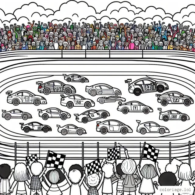 Un circuit de course avec une variété de voitures qui roulent à grande vitesse. Les voitures ont différentes formes et tailles, prêtes à être colorées avec beaucoup de couleurs vives. Il y a aussi une foule de spectateurs qui encouragent les voitures. En arrière-plan, il y a un ciel bleu clair avec quelques nuages blancs.