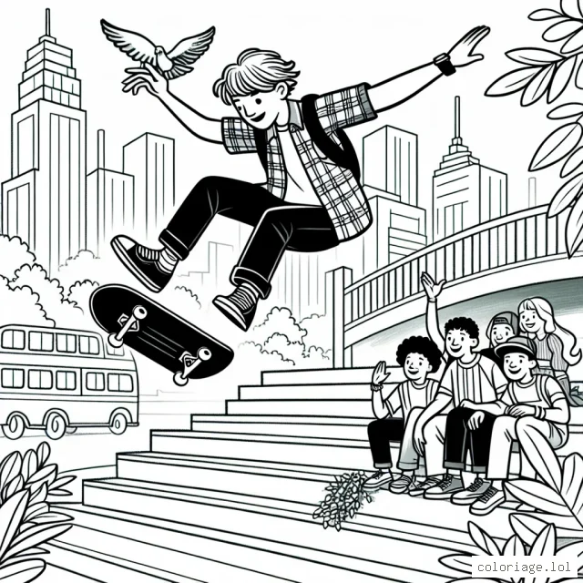 Dessine une scène d'action où un audacieux skateboarder fait un saut impressionnant au-dessus d'un escalier dans un parc urbain, avec des amis qui le regardent et l'applaudissent.