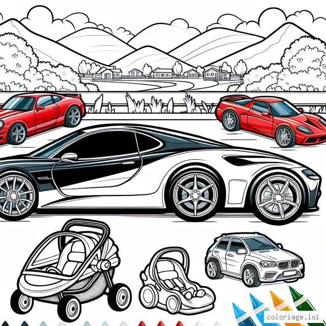 Dessine une voiture pour chaque marque: Ferrari rouge, BMW bleue, Mercedes verte, Audi jaune, et Renault violette. N'oublie pas de mettre les logos des marques sur les voitures!