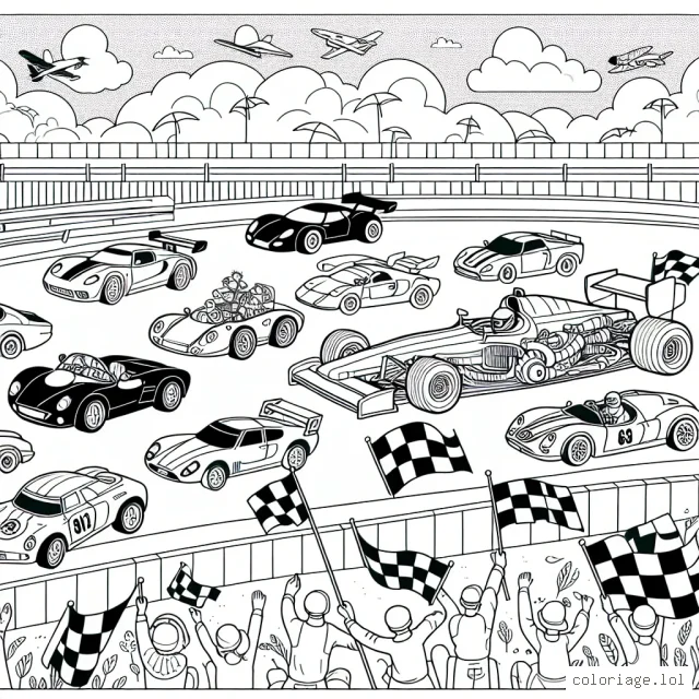Dessine une scène de course de voitures avec des voitures de différentes formes et tailles. Certaines sont modernes, certaines sont classiques et d'autres sont futuristes. Il y a aussi quelques personnages encourageant et agitant des drapeaux au bord du circuit.
