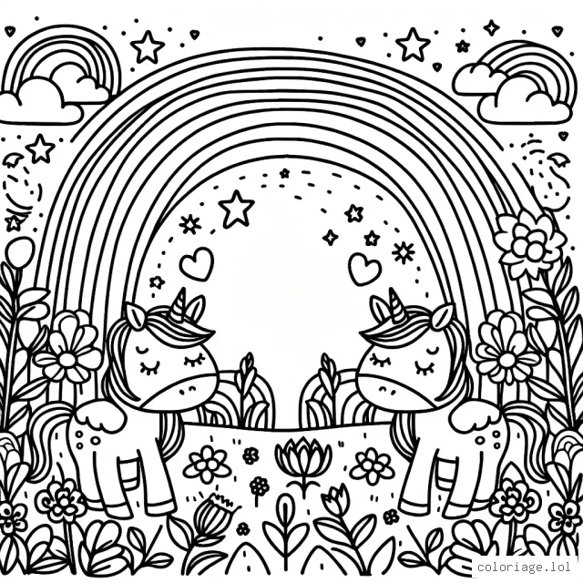 Un jardin magique avec des licornes et des arcs-en-ciel