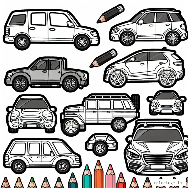 Un assortiment de voitures par marque pour donner vie grâce à vos crayons de couleur