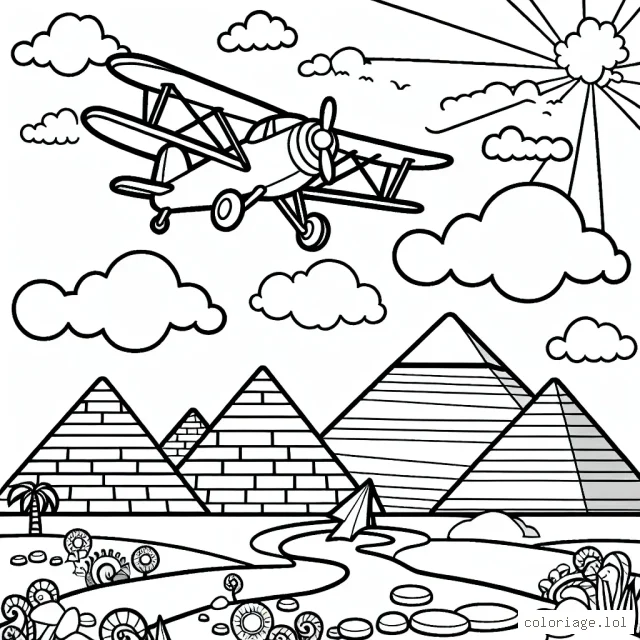 Créez un paysage coloré avec un avion à hélices survolant les pyramides d'Egypte. N'oubliez pas de colorier le ciel bleu avec des nuages blancs. Que pensez-vous de choisir des couleurs vives pour les pyramides ?