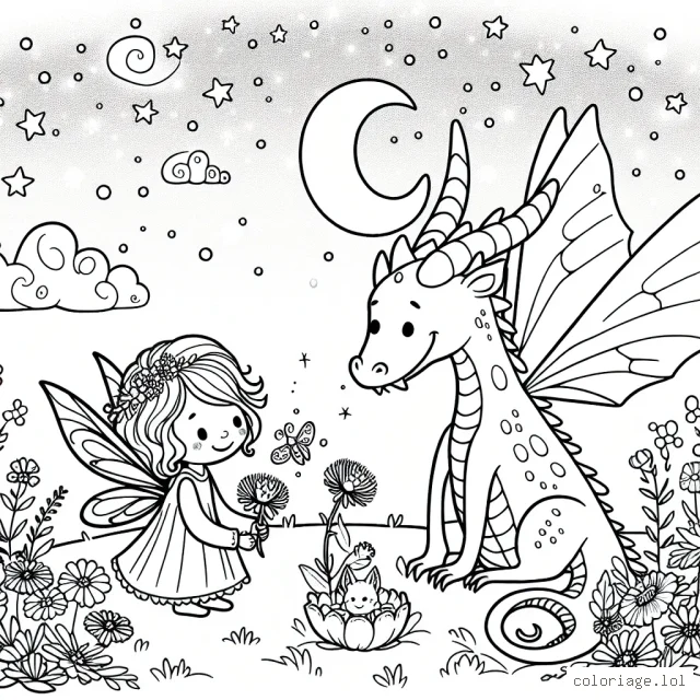 Une petite fée jouant avec un gentil dragon dans un champ fleuri sous un ciel étoilé
