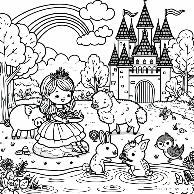 Dans ce dessin, il y a une petite princesse coiffée d'une tiare qui nourrit des animaux de la forêt près d'un château magique. Il y a un cochon, un lapin, un cerf et un écureuil. Elle est assise sur un rocher, et il y a une rivière qui coule près d'elle. Le château est derrière elle avec des drapeaux arc-en-ciel flottant au vent. Des fleurs sont dispersées tout autour de la scène.