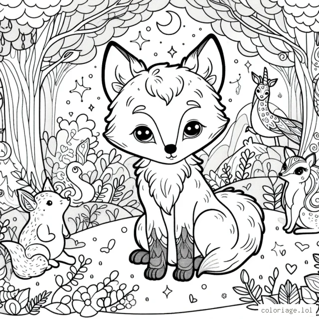 Un petit renard cub dans une forêt enchantée avec des créatures surnaturelles
