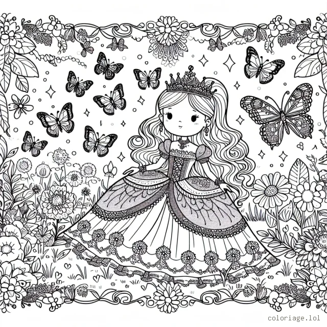 Une princesse royal dans un jardin merveilleux avec des papillons aux ailes chatoyantes et des fleurs de toutes sortes.