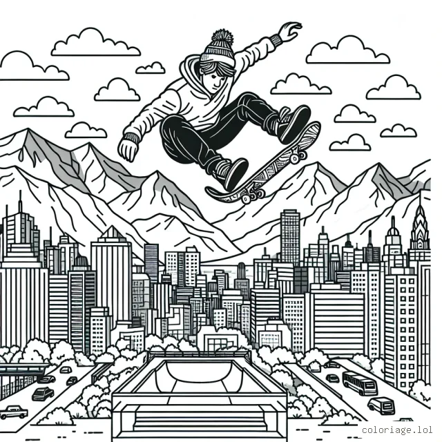 Dessine un skateboarder effectuant un saut impressionnant au dessus d'une ville animée, avec des montagnes enneigées dans le fond.