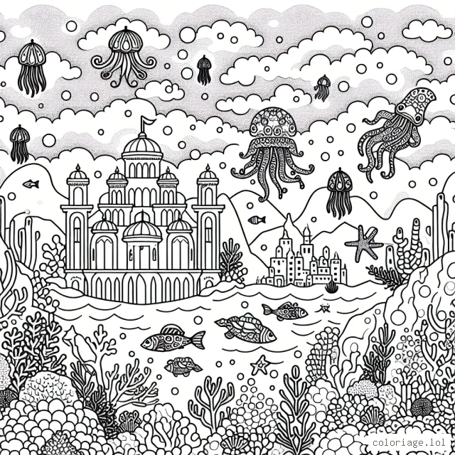 Une cité sous-marine peuplée de créatures fantastiques avec un grand palais corallien.