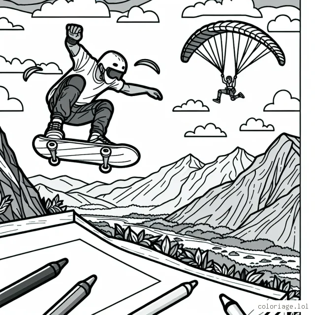 Un skateur exécutant un saut audacieux au-dessus d'une rampe avec un fond de montagne rocheuse, un parapentiste dans le ciel et un plongeur de falaise au loin