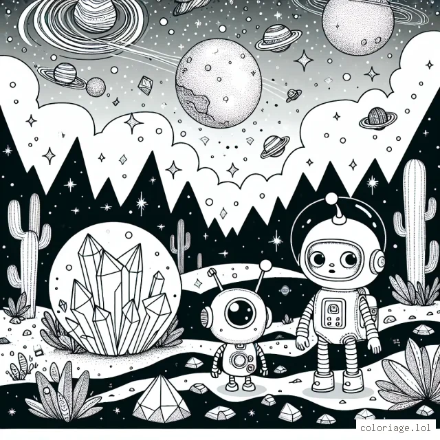Sur une planète inconnue, un petit extraterrestre et son fidèle robot explorateur partent à la recherche de cristaux cosmiques éclatants. La scène se déroule dans un paysage fantastique avec une vue sur l'espace, des étoiles scintillantes et de fantastiques créatures spatiales.