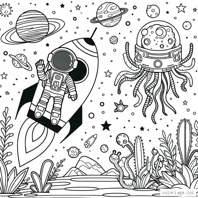 Un astronaute audacieux sur sa fusée survolant une planète étrangère peuplée de créatures et plantes inconnues.