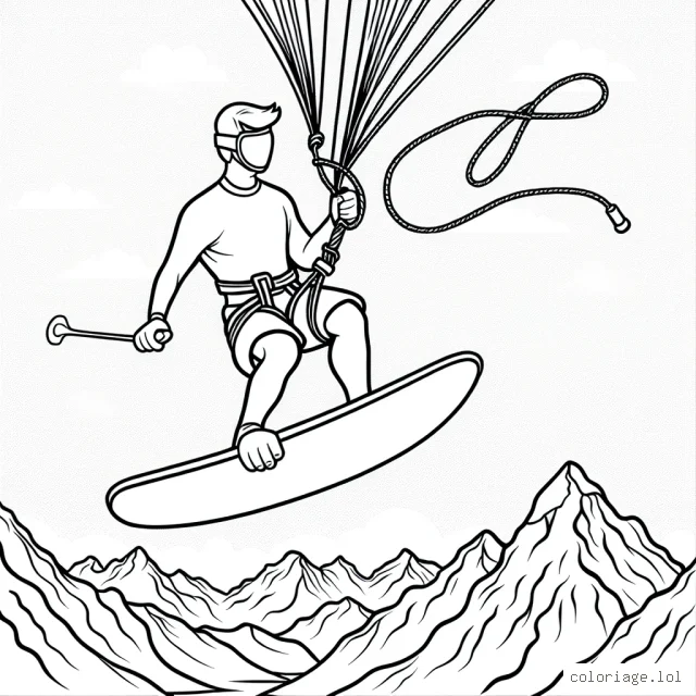 Un gymnaste extrême à cheval sur une planche de surf volante au-dessus des montagnes enneigées, tenant une extrémité de la corde de saut à l'élastique dans une main et une raquette de tennis extrême dans l'autre.