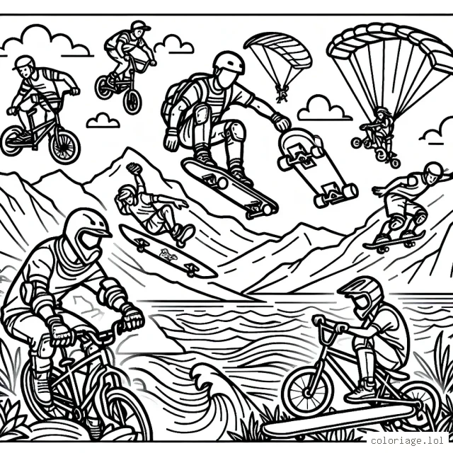 Des athlètes s'adonnant à divers sports extrêmes tels que le skateboard, le BMX, le surf, le parachutisme et l'escalade sur une toile de fond de montagnes, de vagues et de pistes de skateboard.