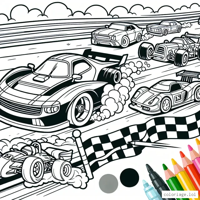 Imagine et dessine une scène animée d'une course de voitures sur une piste vrombissante avec des voitures de différentes formes et tailles. Utilise tes couleurs préférées pour donner vie à ces véhicules super rapides.