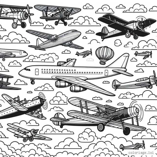 Imaginez un ciel débordant d'avions de toutes tailles. Des avions de chasse rapides et élancés, des avions de ligne majestueux, des biplans rétro, des avions à hélice et même un dirigeable flottant parmi les nuages. Tous sont en vol, imitant un ballet aérien impressionnant. Soyez créatif en peignant chaque avion dans différentes couleurs et motifs.