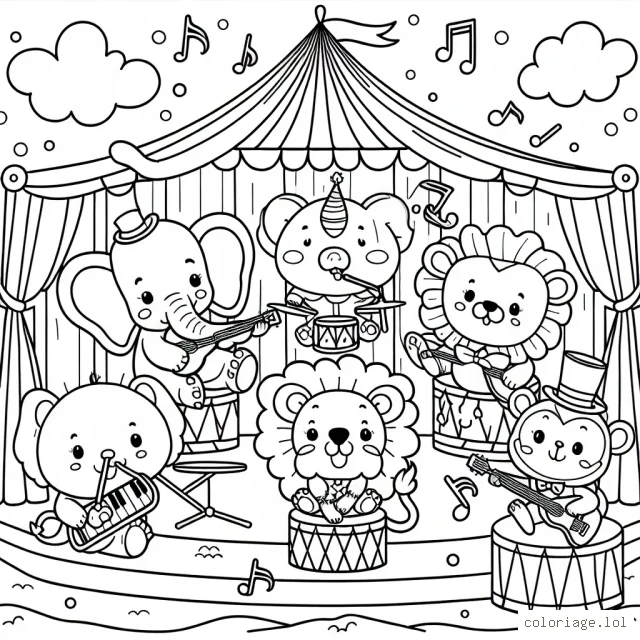 Un cirque joyeux où les animaux jouent des instruments de musique