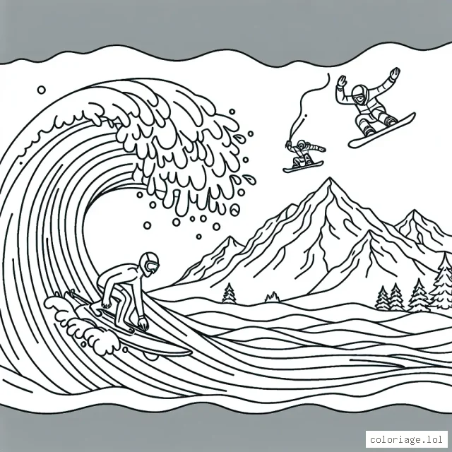 Dessine un surfiste audacieux chevauchant une gigantesque vague, avec des montagnes enneigées en arrière-plan où des snowboardeurs effectuent des sauts épiques.