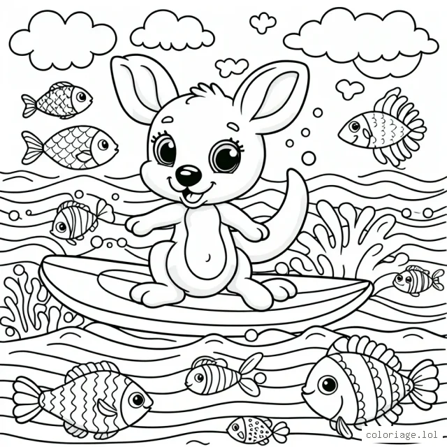 Un kangourou joyeux sur planche à voile au milieu de l'océan entouré de poissons colorés.
