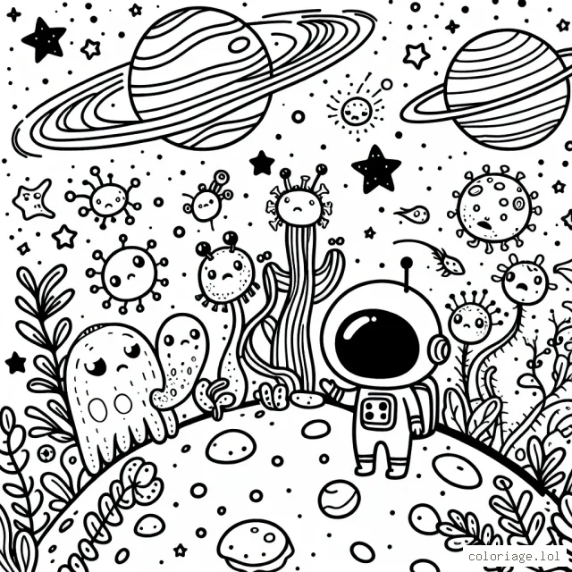 Un petit astronaute explore une planète mystérieuse peuplée de créatures étranges et fantastiques, ainsi que de plantes inconnues. Il y a aussi des étoiles, des comètes et des planètes dans l'espace.