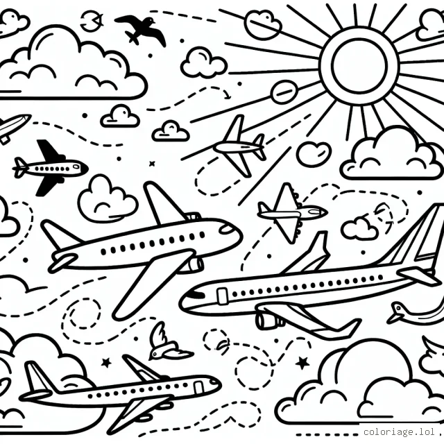 Crée un dessin avec plusieurs types d'avions volant dans le ciel, du plus petit avion de sport au grand avion de ligne. N'oublie pas d'inclure quelques nuages, oiseaux et le soleil.