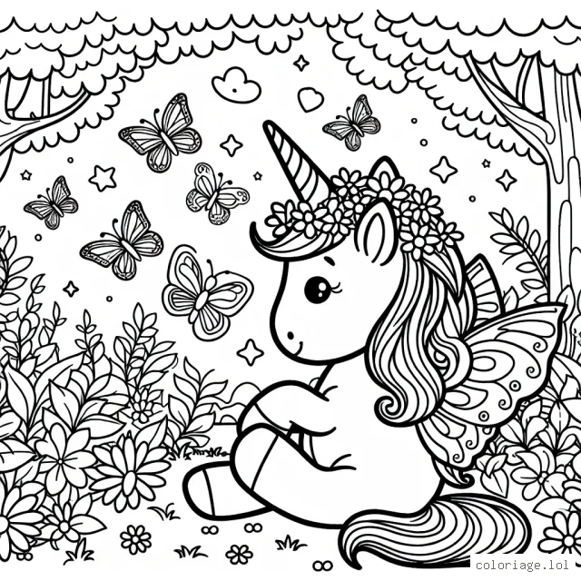 Dessine une licorne s'amusant avec des papillons dans un jardin enchanté.