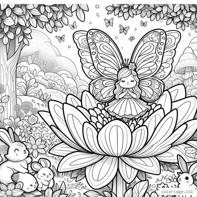 Une fée majestueuse avec des ailes en forme de papillon est assise sur une fleur géante au cœur d'une forêt enchantée remplie d'animaux mignons comme des lapins, des écureuils et des oiseaux