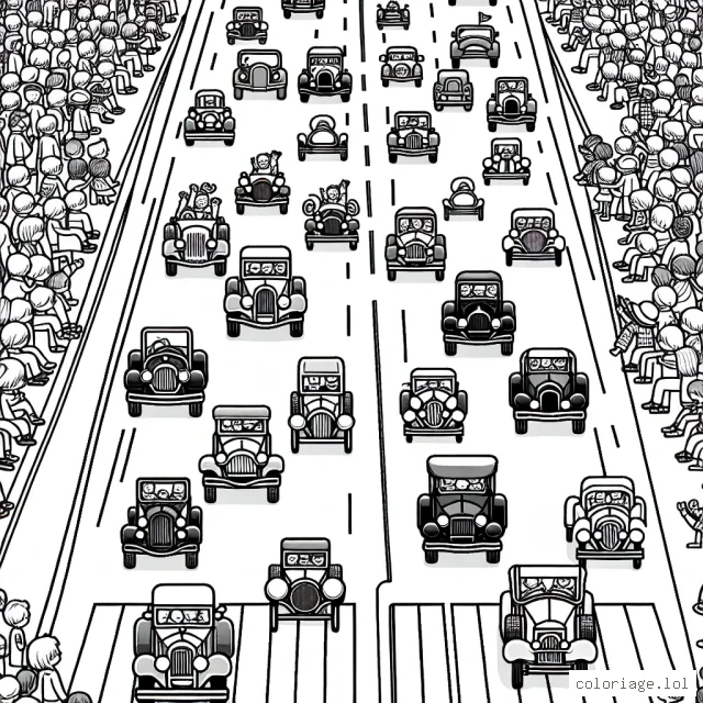 Un cortège impressionnant de voitures de différentes époques défile dans une rue animée peuplée de spectateurs enthousiastes. Chaque voiture possède un design distinctif pour permettre aux enfants d'explorer plusieurs styles de voitures.