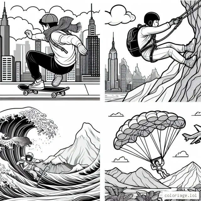 Dessine un skateboarder en pleine action dans un skatepark urbain, un grimpeur se déplaçant agilement sur une paroi rocheuse abrupte, un surfeur cavalant sur une énorme vague et un parachutiste sautant d'un avion au-dessus d'un paysage montagneux.