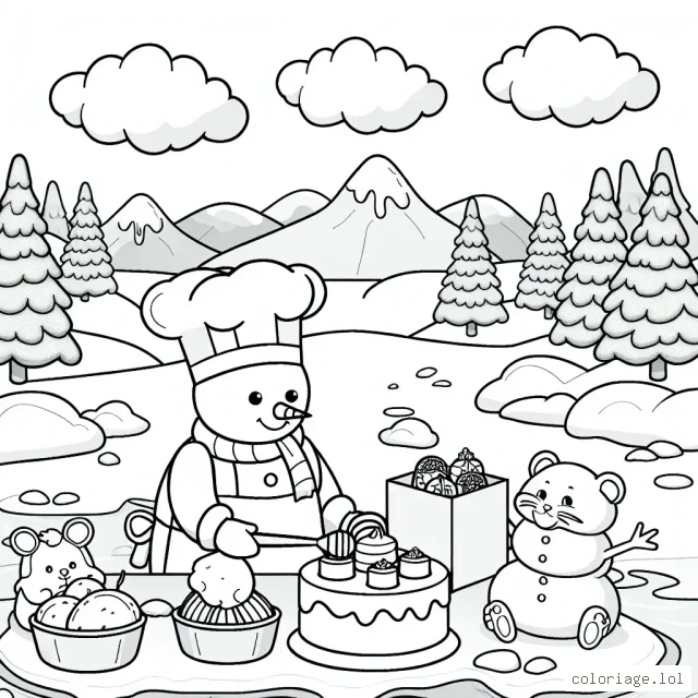 Dans un paysage hivernal, un boulanger bonhomme de neige prépare des gâteaux de glace pour ses amis animaux.