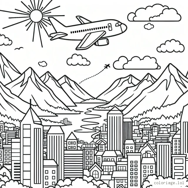 Un avion navigue dans le ciel bleu clair, volant au-dessus d'une ville animée. Des montagnes majestueuses se dressent en arrière-plan, créant une silhouette fantastique. Tous ces éléments attendent des couleurs vives pour prendre vie.