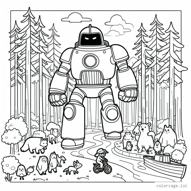 Imagine un robot géant gardien de la forêt s'engageant dans une aventure fantastique avec des animaux de la forêt pour protéger leurs maisons des monstres de la pollution