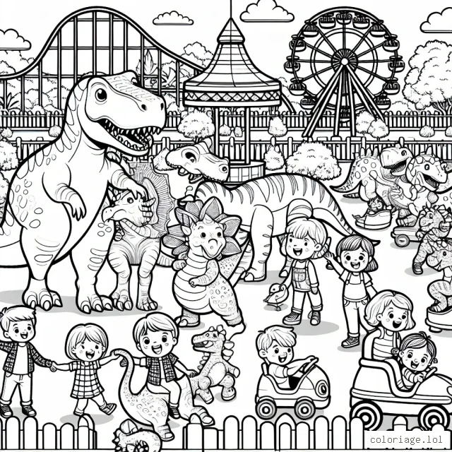 Un parc d'attractions avec des dinosaures et des enfants qui s'amusent