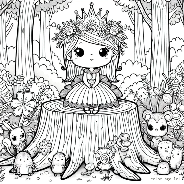 Une petite princesse est assise sur une grande souche en forme de trône dans une forêt enchantée. Elle est entourée de drôles de petits animaux de la forêt qui la regardent avec admiration. Le dessin comprend une variété de fleurs fantastiques et de plantes étranges pour créer une atmosphère de magie.