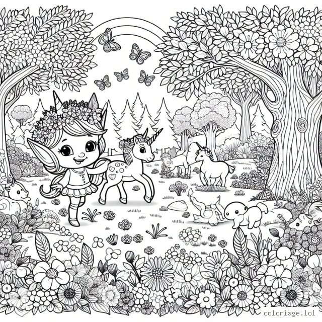 Un magnifique jardin féerique peuplé de gentils animaux, de majestueux arbres et de fleurs aux mille couleurs attend d'être colorié. C'est le royaume de la petite elfe : Flora jouant avec Bébé Licorne dans une joyeuse atmosphère.