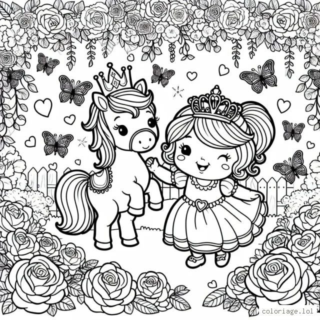 Une petite princesse joue avec son poney préféré dans un jardin enchanté rempli de roses multicolores et de papillons magiques.