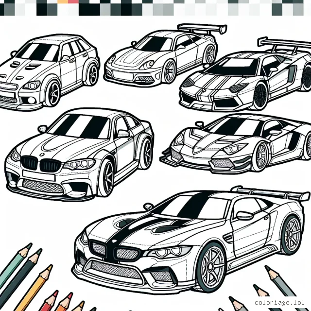 Imaginez une scène où des voitures de différentes marques se préparent pour une course passionnante. Il doit y avoir des voitures de marques comme Ferrari, BMW, Mercedes, Toyota et Ford. N'oubliez pas d'inclure des détails spécifiques à chaque marque pour rendre le coloriage intéressant et instructif.