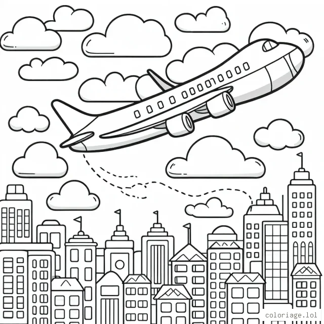 Dessine un avion au-dessus de la ville, avec un ciel rempli de nuages.
