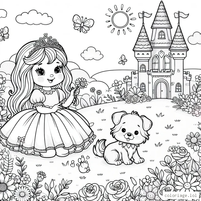 Un après-midi ensoleillé, une petite princesse aux longs cheveux bruns joue avec son adorable petit chiot à côté de son château rose et violet. Autour d'elle, un magnifique jardin foisonnant de roses, de marguerites et de tournesols.