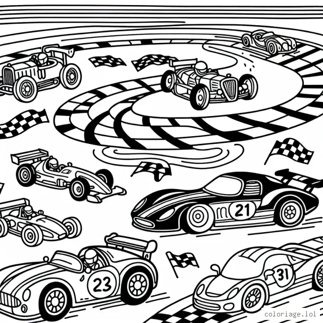 Dessine une grande course de voitures avec des véhicules de styles différents (course, vintage, sport, etc.) sur une piste remplie de virages serrés et de sauts