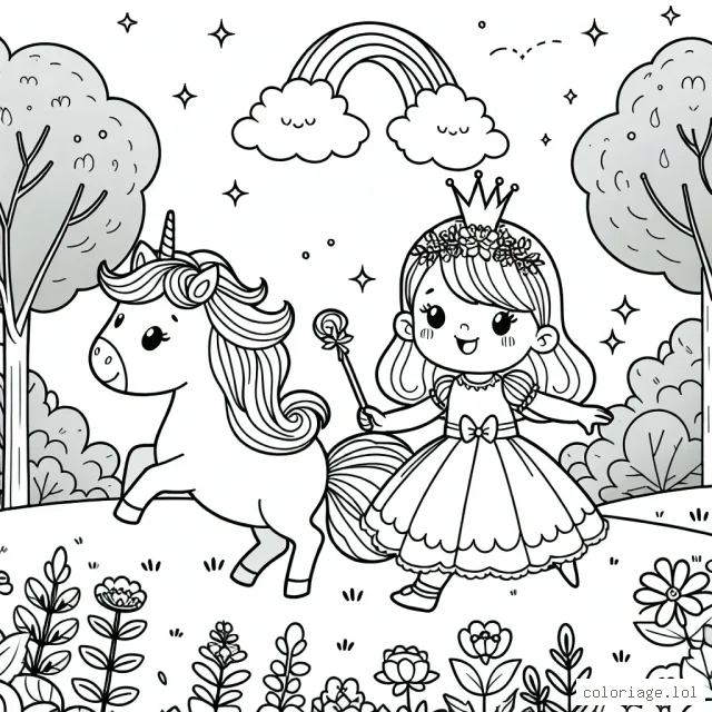 Une petite princesse fait une promenade magique avec son licorne dans un jardin merveilleux