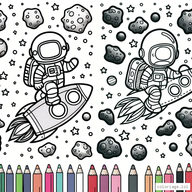 Un astronaute et son vaisseau spatial traversent un champ d'astéroïdes colorés.