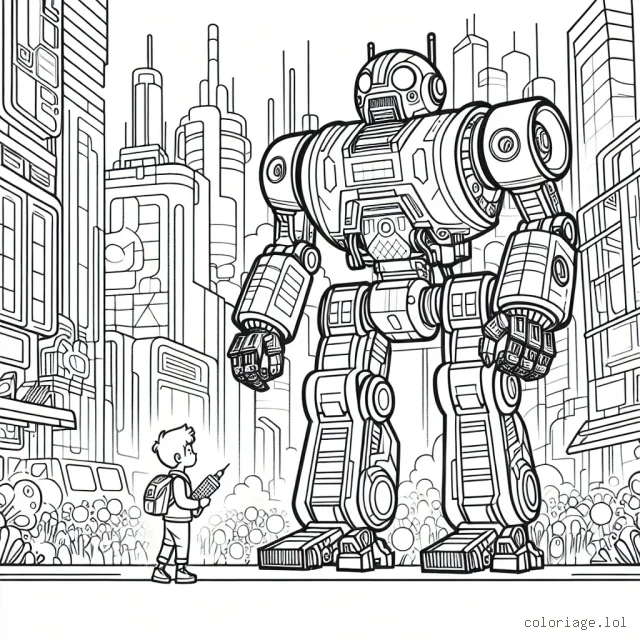 Un petit garçon qui pilote un robot géant dans une ville futuriste
