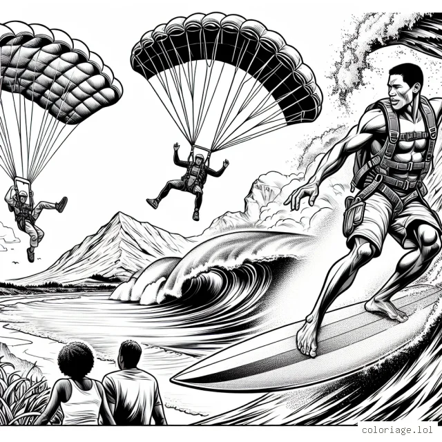 Imagine une scène d'action palpitante où un homme fait du parachutisme, un autre du surf sur des vagues gigantesques et le dernier de l'escalade sur une haute montagne. Ajoute aussi une spectatrice sur le bord motivée par l'émotion des sports extrêmes. N'oublie pas d'inclure beaucoup de détails dans chaque scène pour faire ressortir l'excitation et l'adrénaline induites par ces sports.