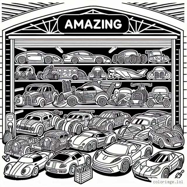 Une collection incroyable de voitures uniques rangées dans un grand garage pour les enfants à colorier.