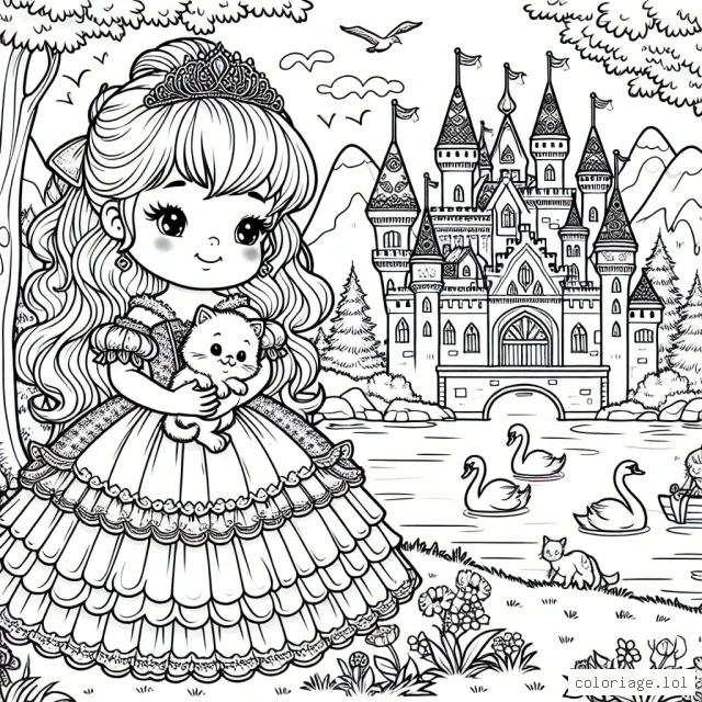 Imagine une princesse dans une belle robe à volants, tenant un petit chaton doux et mignon dans ses bras. Il y a un grand château derrière elle avec plusieurs tours et beaucoup de drapeaux. Autour du château, il y a une forêt dense avec toutes sortes d'animaux. La princesse se tient près d'un étang où nagent quelques cygnes élégants.
