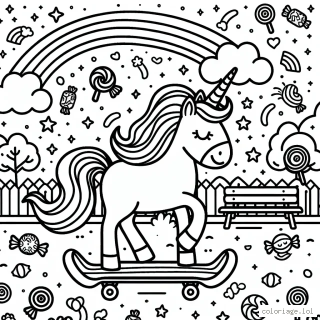 Une licorne qui fait du skate dans un parc rempli d'arc-en-ciel et de bonbons volants