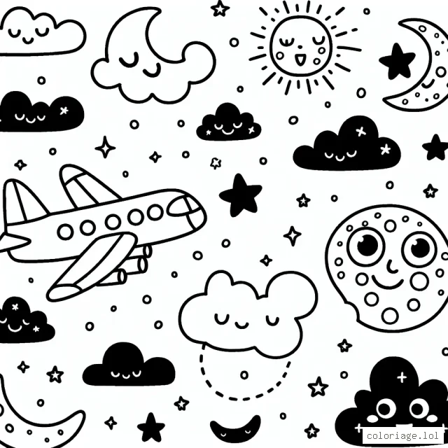 Imaginez un ciel étoilé dans lequel un avion vole haut, dessiné avec des détails amusants comme des yeux et une grande bouche souriante. Dessine aussi diverses formes et figures de nuages, la lune souriante et les étoiles scintillantes autour de l'avion.