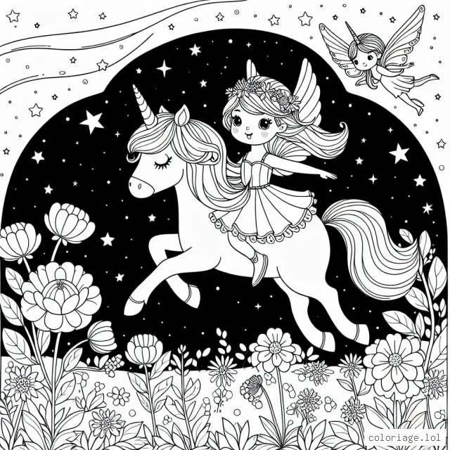 Une princesse féérique chevauchant une licorne volante au dessus d'un champ de fleurs lumineuses sous un ciel étoilé